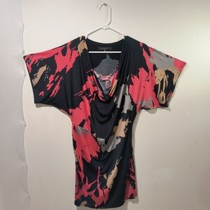 Nine West Women's 10 Pink & Black Abstract Paint Draped Neckline Mini Dr…
